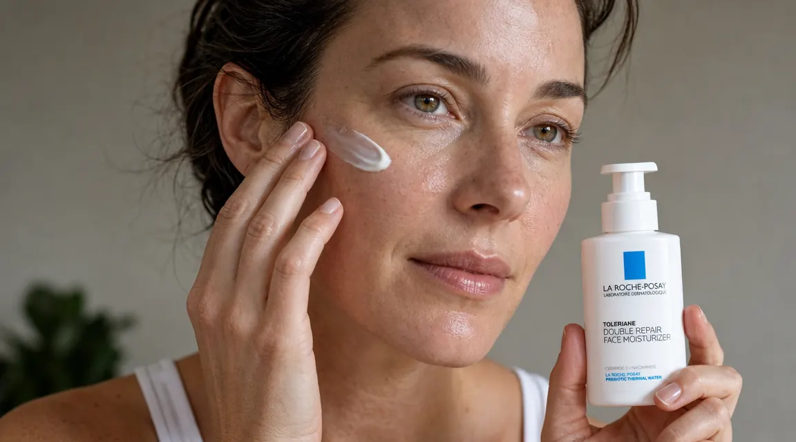 Hand applying La Roche-Posay Toleriane Double Repair moisturizer to cheek