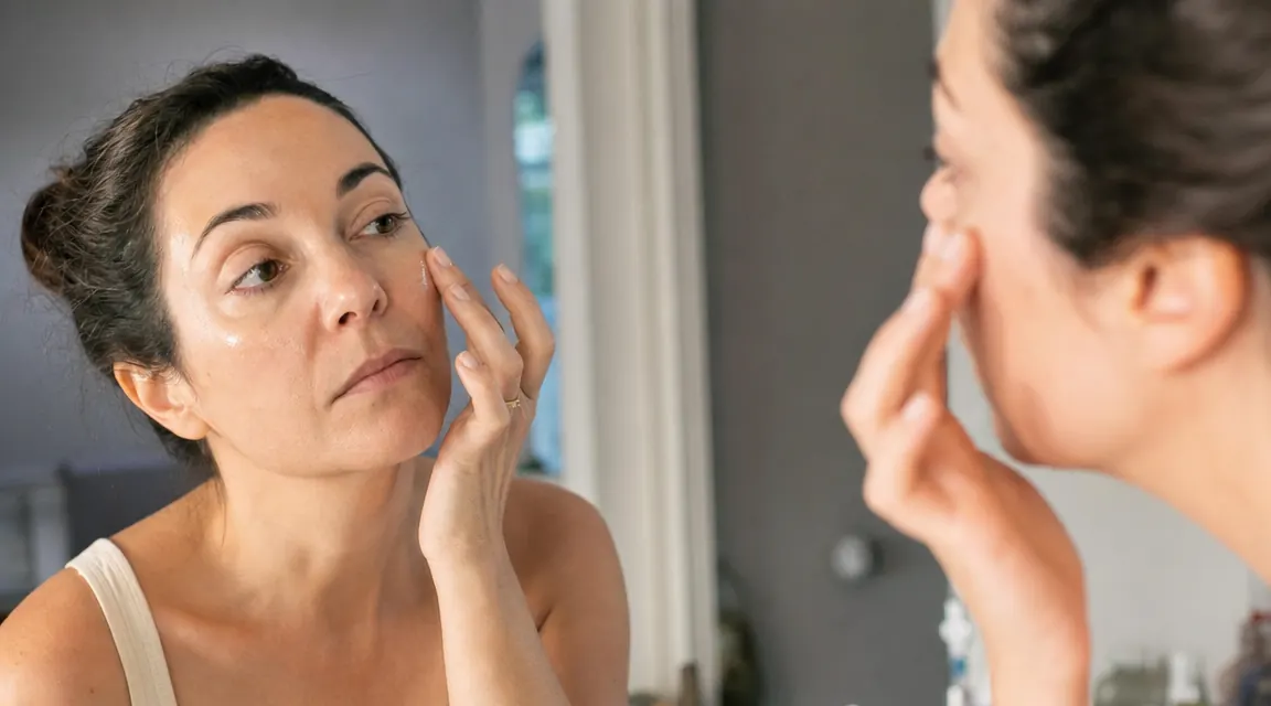 Woman applying a few drops of clear serum to her fingertips before pressing onto her cheekbone