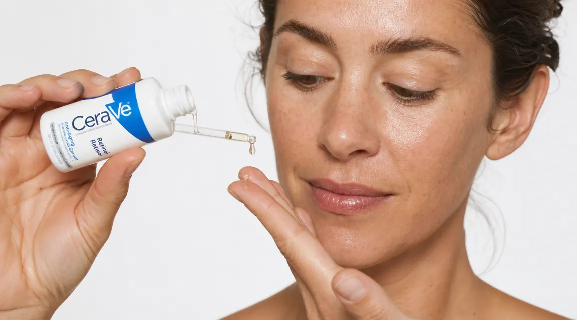 Close-up of a hand pressing the dropper of a CeraVe retinol serum bottle, dispensing two drops onto fingertips