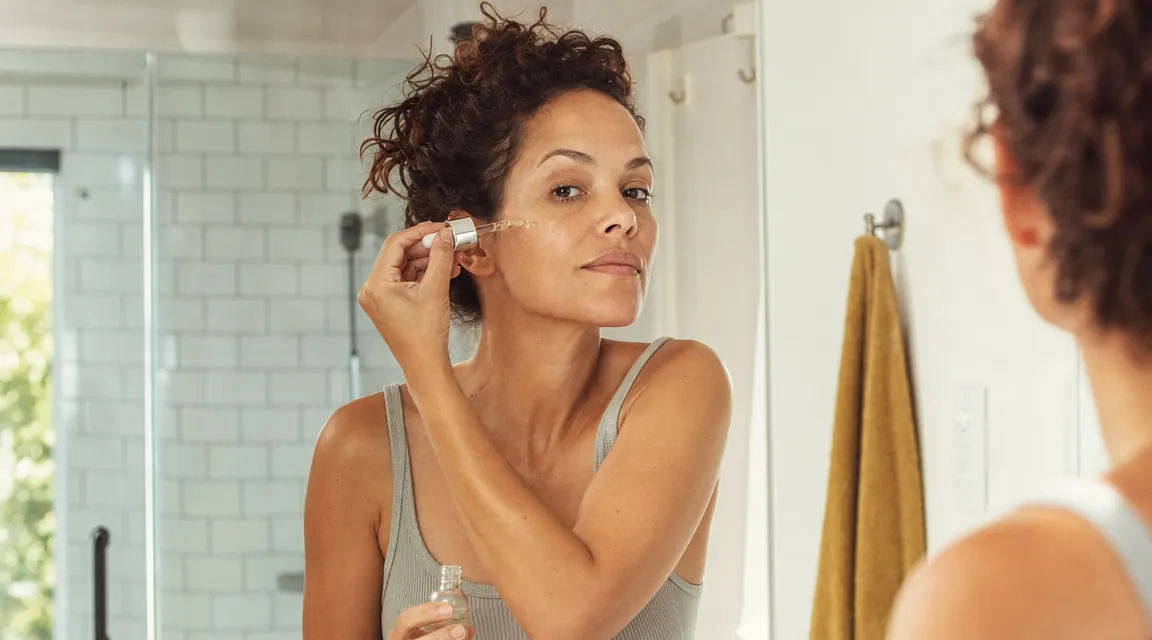 Woman in her late 30s applying a few drops of serum to her cheekbone in front of a bathroom mirror, warm morning light