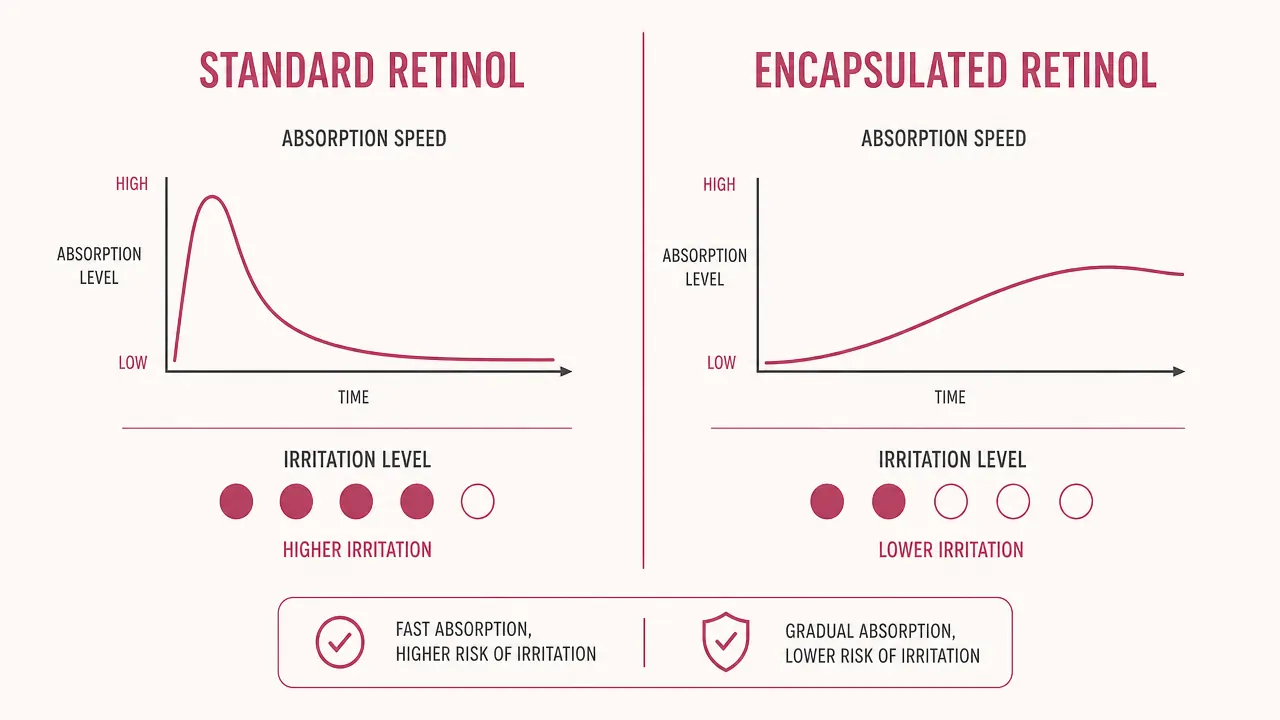Diagram comparing standard retinol absorption versus encapsulated retinol slow-release delivery into skin layers