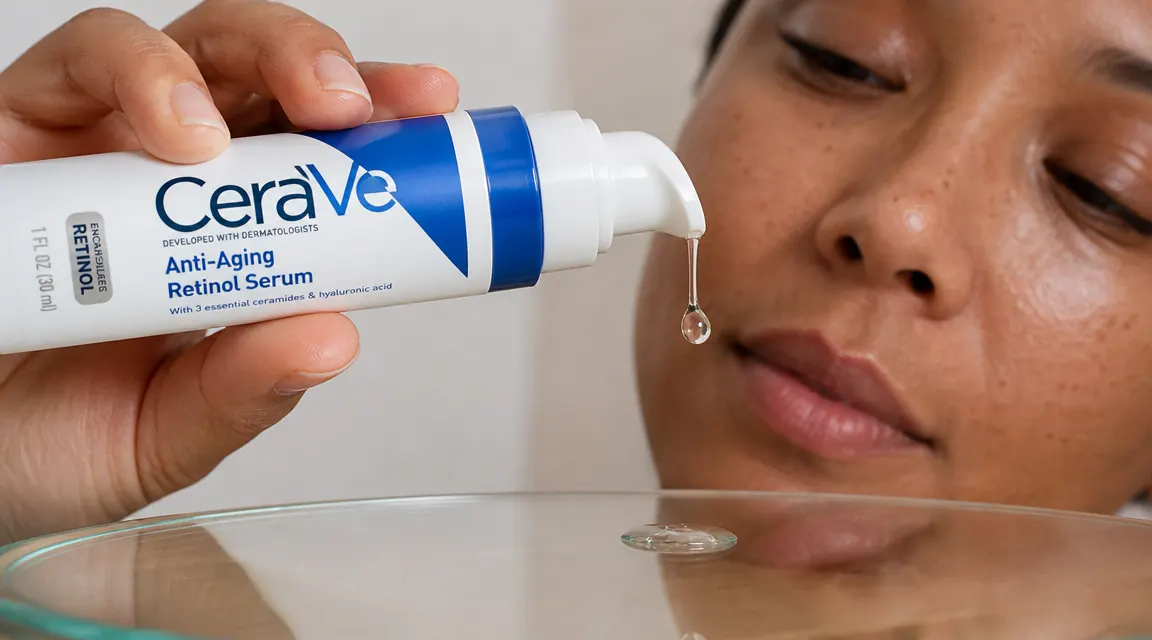 Close-up of CeraVe Retinol Serum pump nozzle with a drop of lightweight serum released onto a glass petri dish
