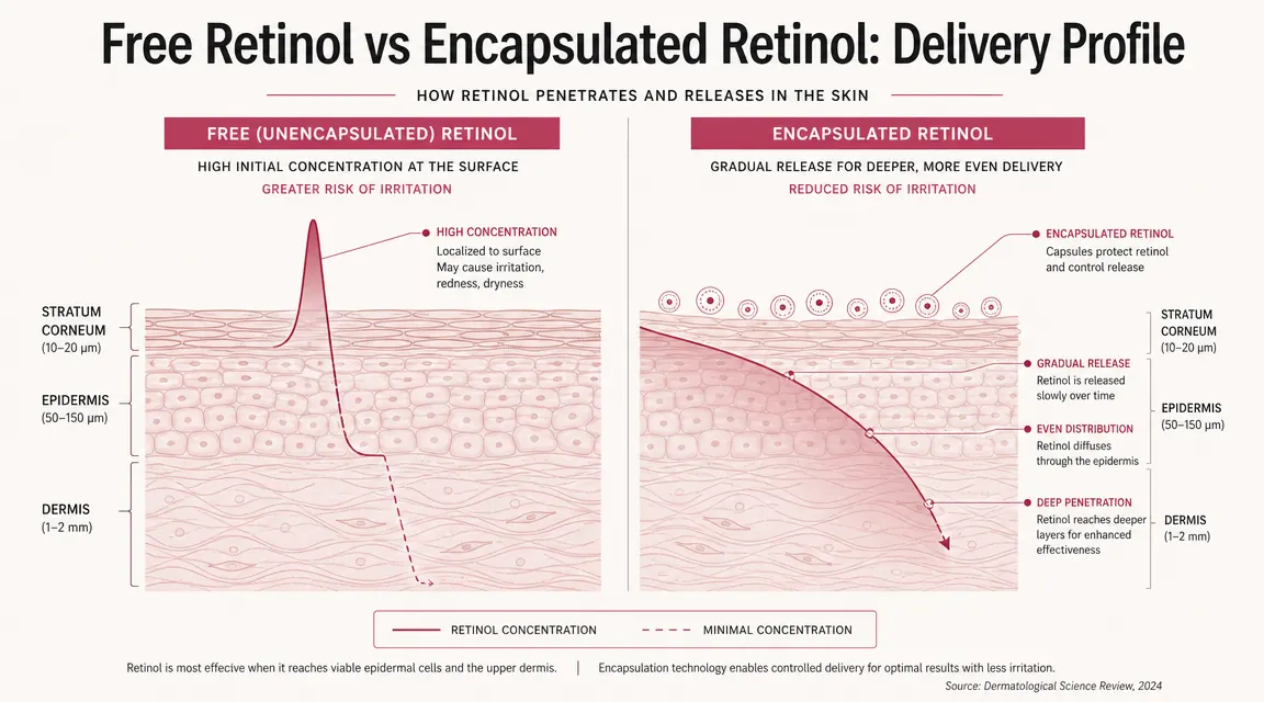 Diagram comparing free retinol versus encapsulated retinol molecular delivery into skin layers, labeled cross-section illustration