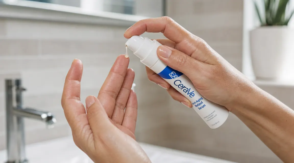 Close-up of CeraVe retinol serum dropper dispensing a small amount of clear serum onto a fingertip