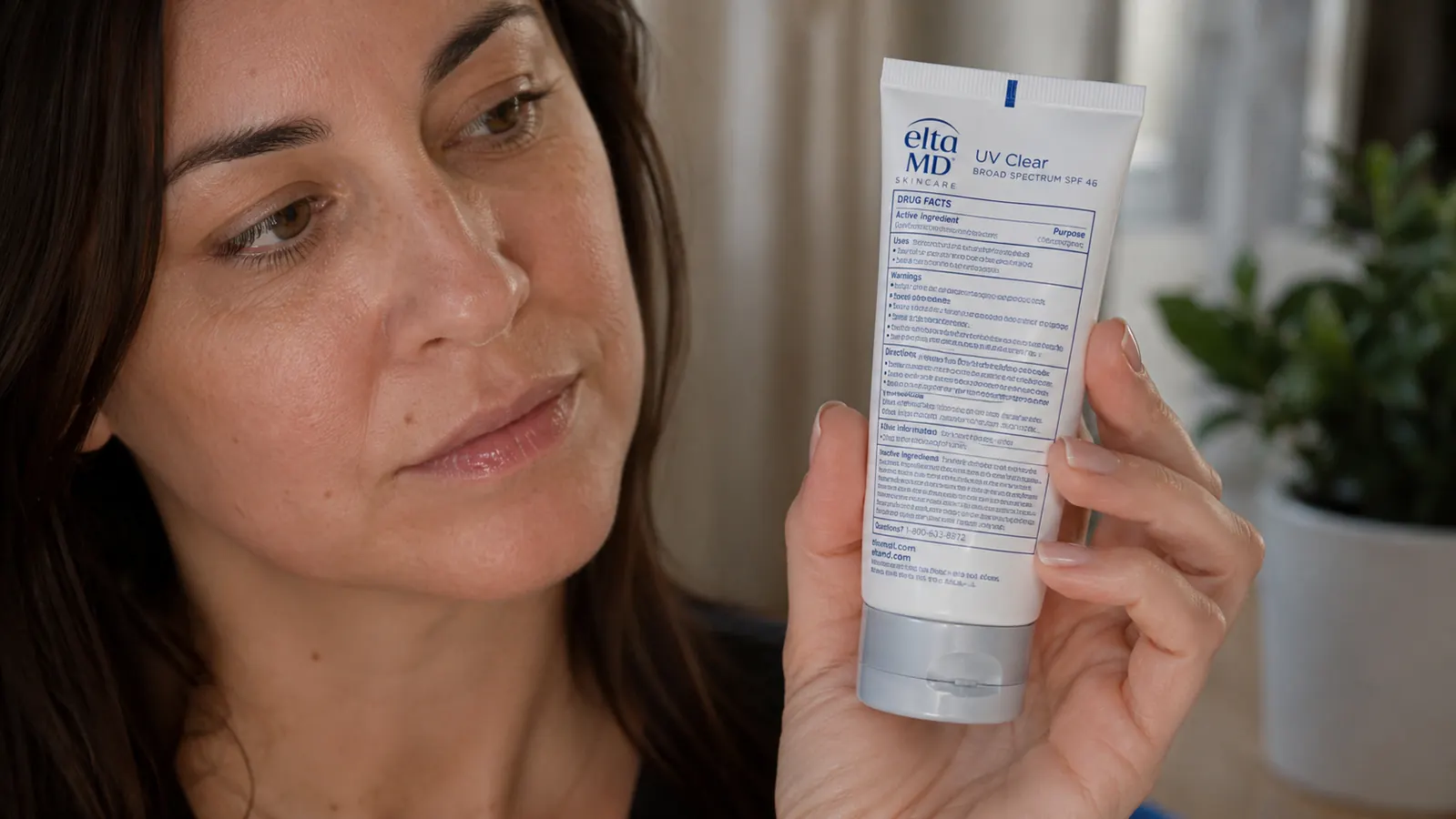 Hand holding the EltaMD UV Clear tube with the ingredient panel visible, being read closely