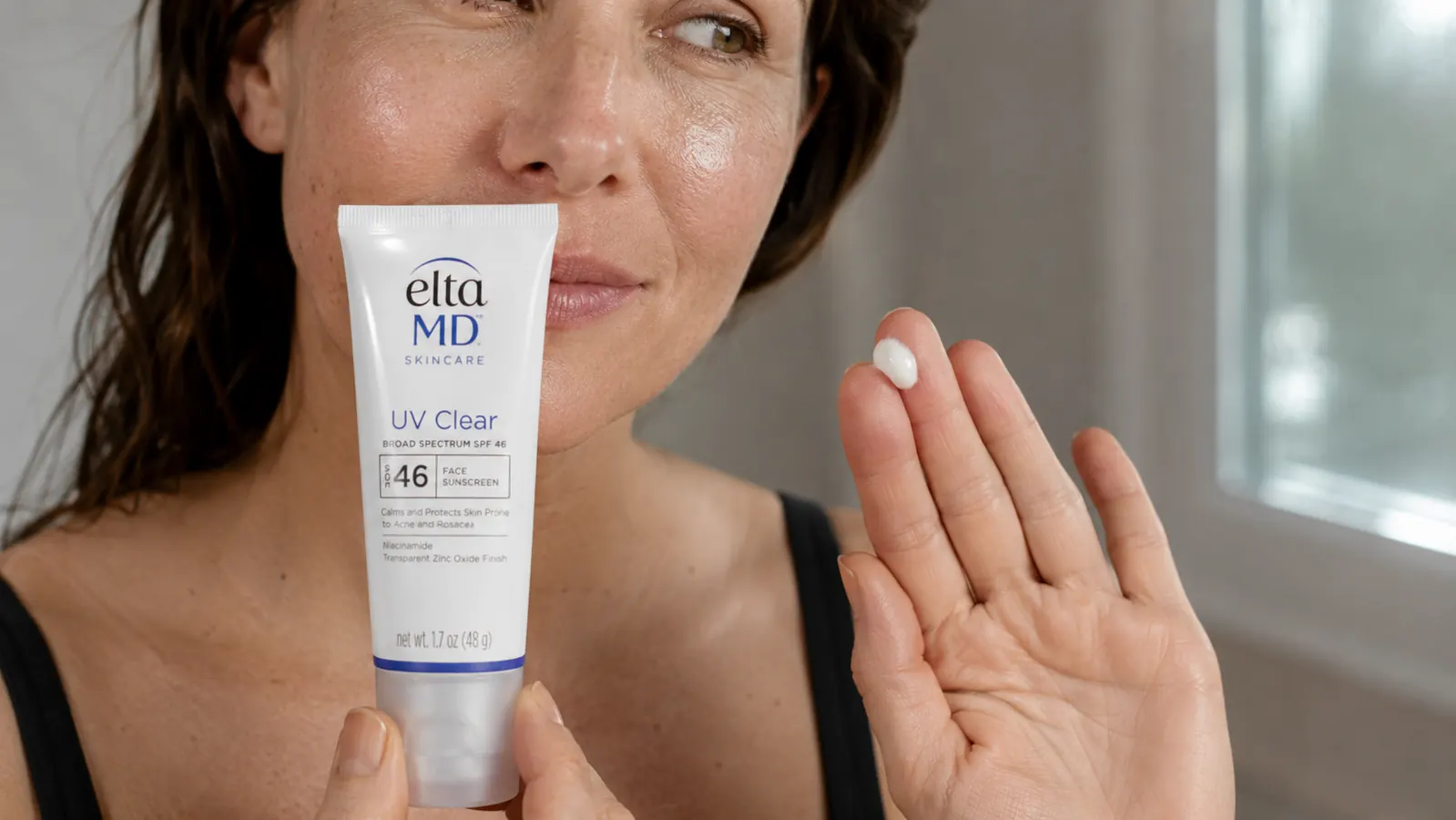 Hand dispensing a small amount of EltaMD UV Clear onto fingertips, showing the lightweight fluid texture