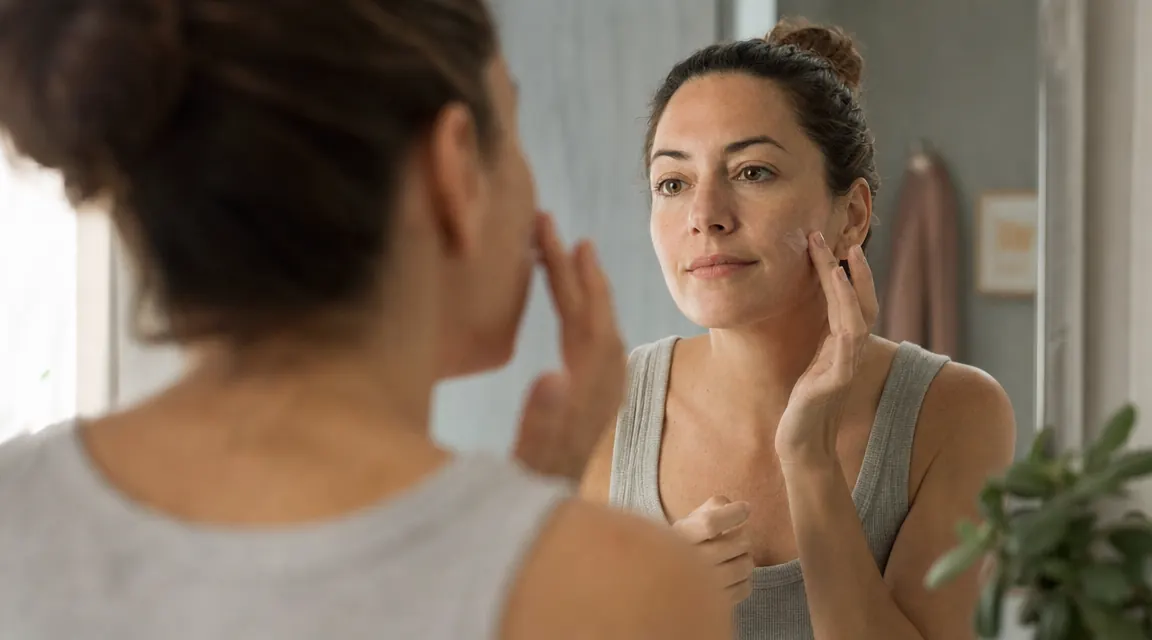 Woman applying sunscreen to face in front of a bathroom mirror as part of a morning skincare routine