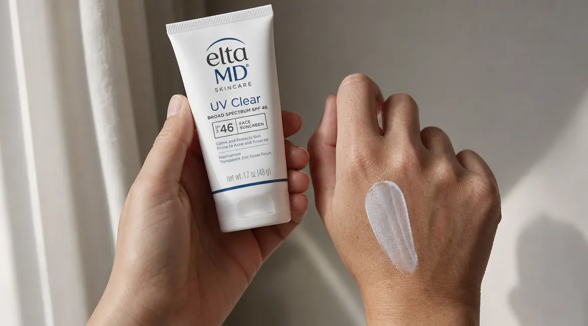 Hand holding the EltaMD UV Clear tube, angled toward natural light showing the matte finish on the back of the hand