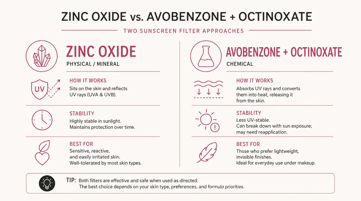 Side-by-side ingredient panel comparison chart showing zinc oxide vs avobenzone chemical filters with callout labels