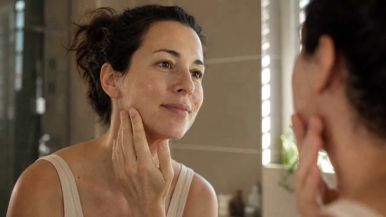 Woman touching her face in a mirror, skin looking calm and less shiny than before, no heavy makeup