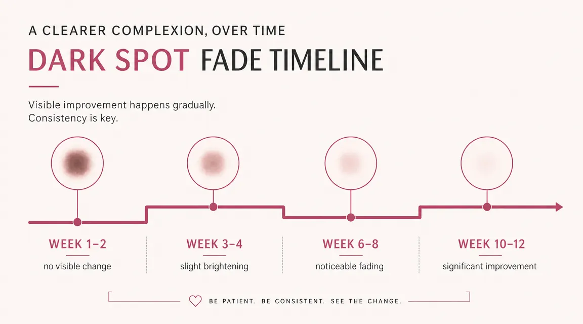 Timeline chart showing expected dark spot fading progress over 8 to 12 weeks of daily vitamin C serum use