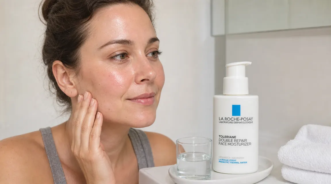 La Roche-Posay Toleriane Double Repair moisturizer tube resting on a white ceramic dish next to a glass of water