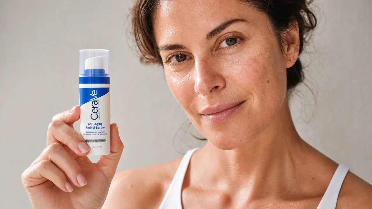 CeraVe Anti Aging Retinol Serum bottle held between two fingers next to a glass of water