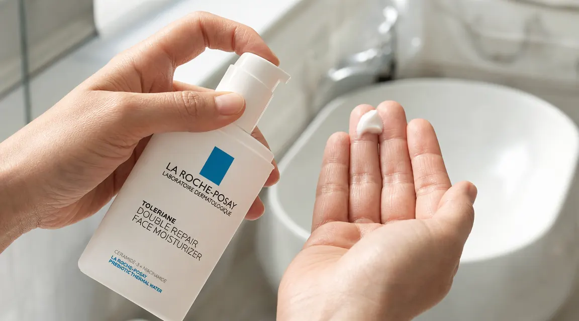 Hand pumping a small amount of La Roche-Posay Toleriane Double Repair moisturizer onto fingertips over a white ceramic sink