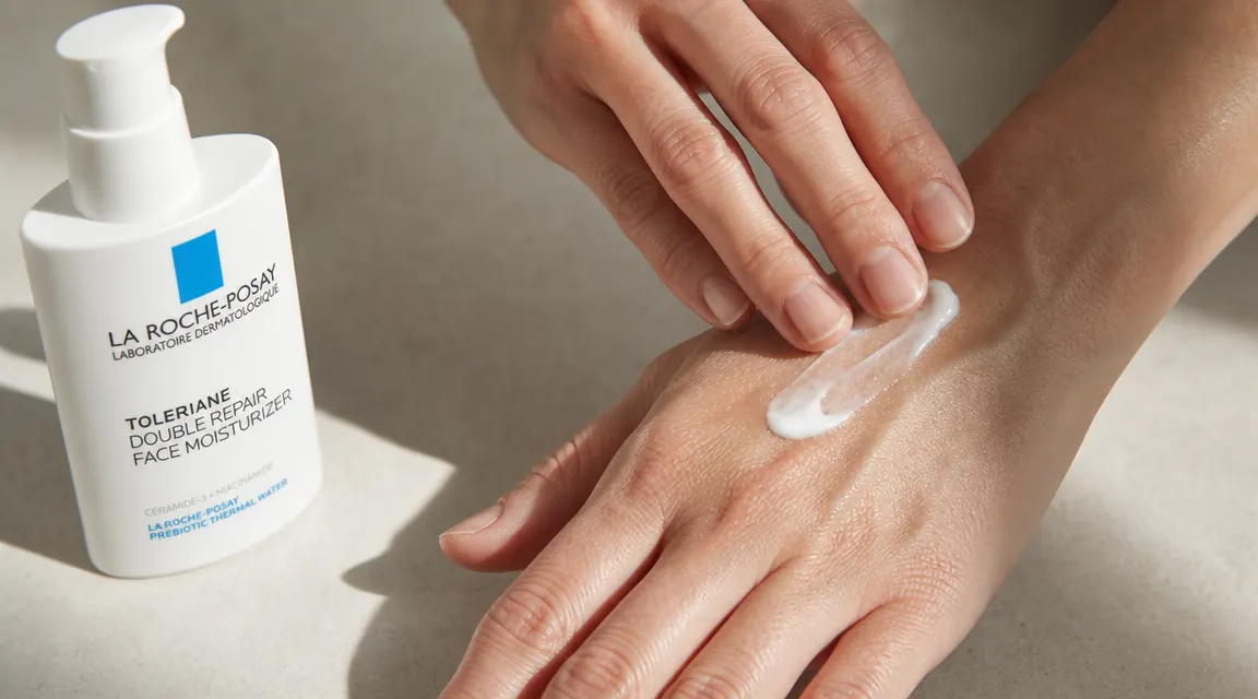 Close-up of a hand applying a small amount of pale moisturizer cream to the back of the other hand, showing texture