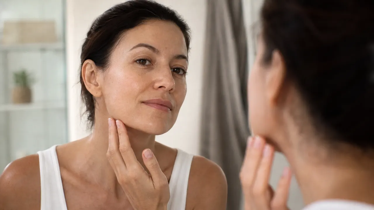 Woman with clear glowing skin smiling at her reflection, no heavy makeup needed