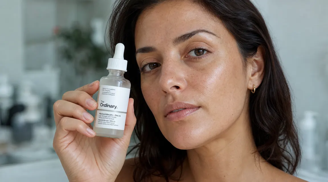 Close-up of The Ordinary Niacinamide 10% Plus Zinc 1% bottle being held between fingers, white label visible
