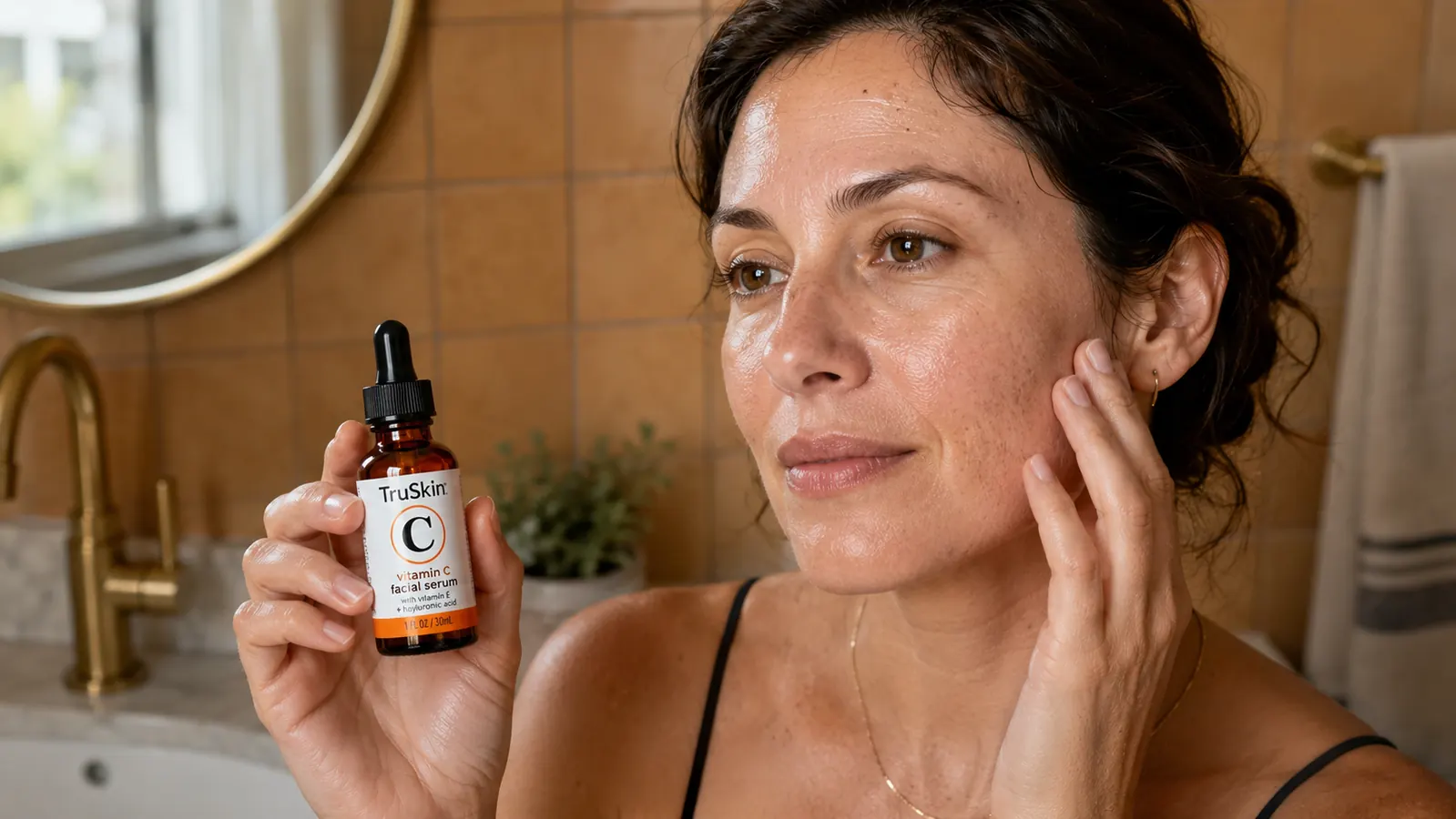 TruSkin Vitamin C Serum bottle being held over a bathroom sink next to a glass dropper