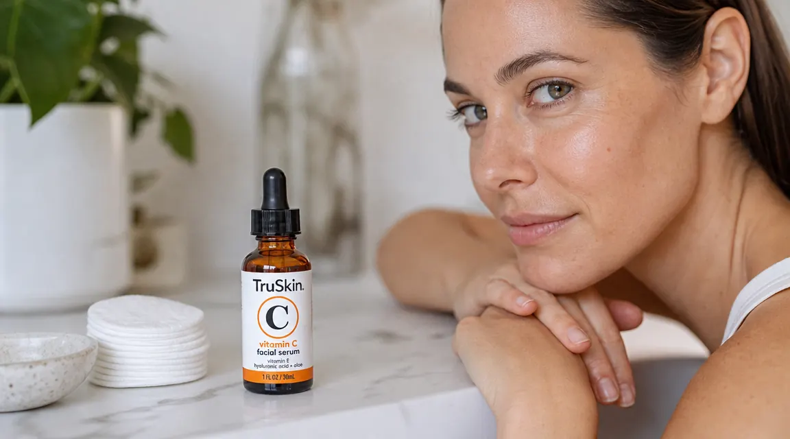 Flat lay of TruSkin Vitamin C Serum bottle on a marble countertop with a sprig of rosehip and a cotton pad