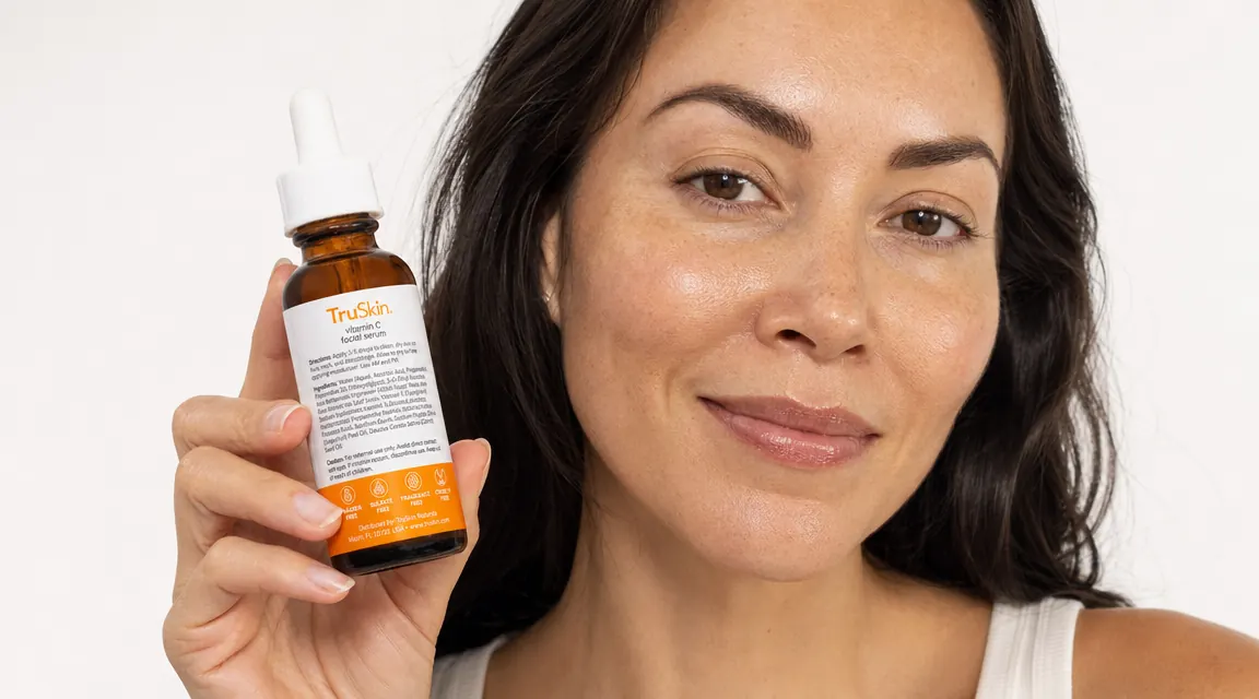 Hand holding TruSkin Vitamin C Serum with the back ingredient label visible and readable