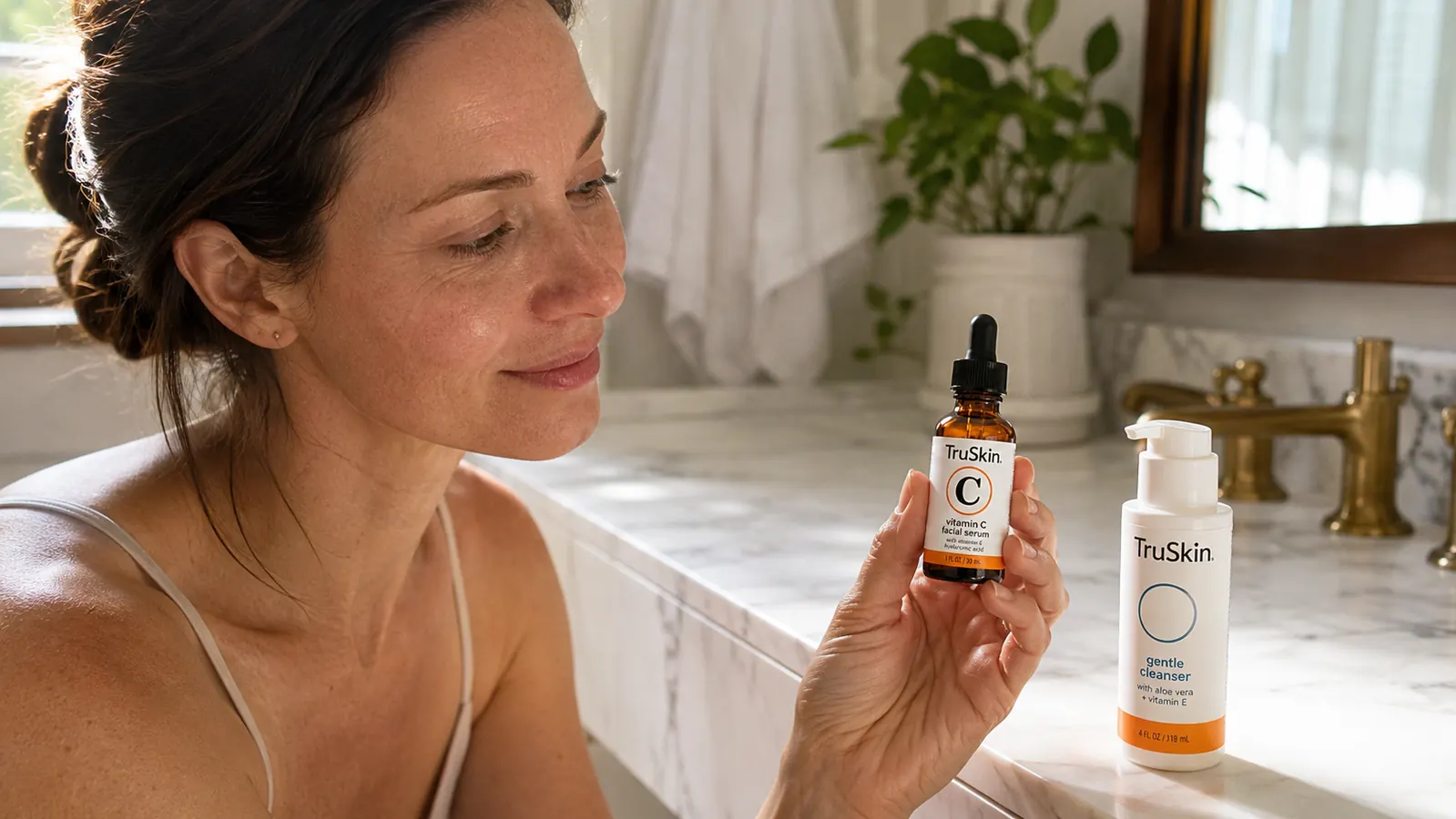 Hand holding the TruSkin Vitamin C Serum bottle with a visible dropper, placed on a white marble surface beside a cleanser