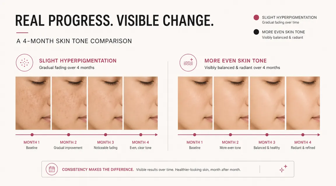 Before and after illustration showing skin tone progression over four months of vitamin C serum use